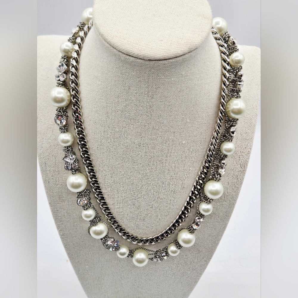 Givenchy Vintage Double Strand Faux Pearl Rhinestone Chain Necklace - Picture 2 of 7